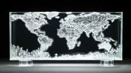 A detailed glass map of the world on a stand, illuminated with glowing borders 