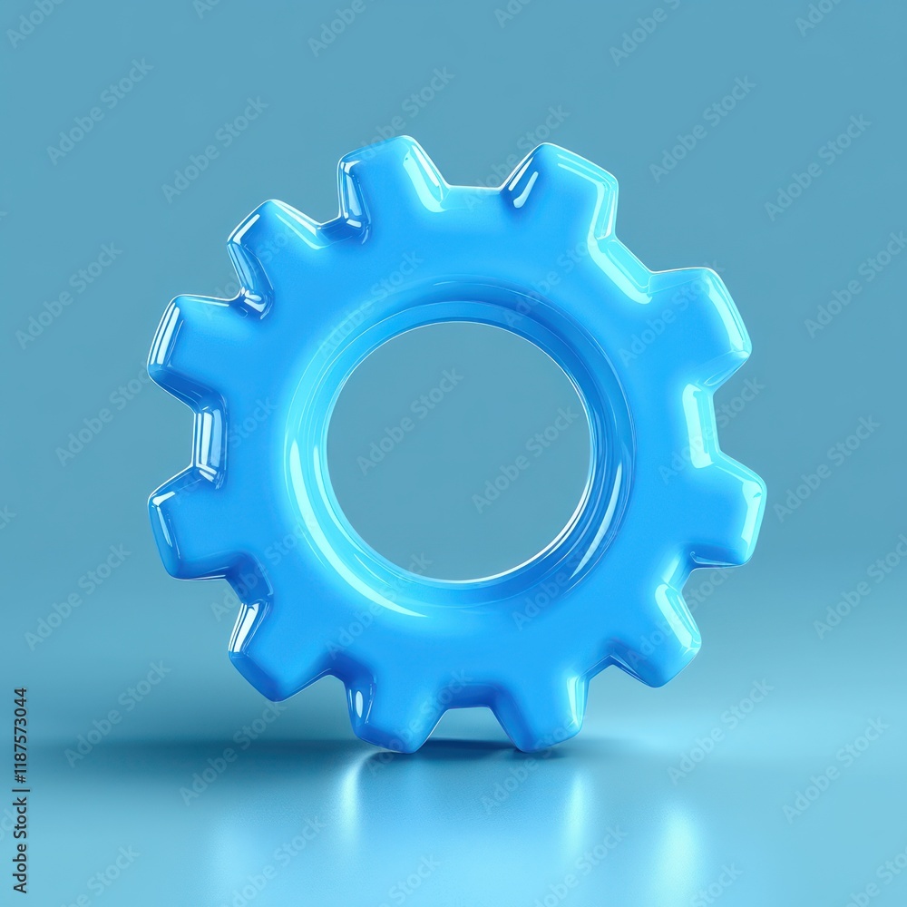 Poster 3d vector gear icon settings symbol in minimalistic style with blue color and cyan background