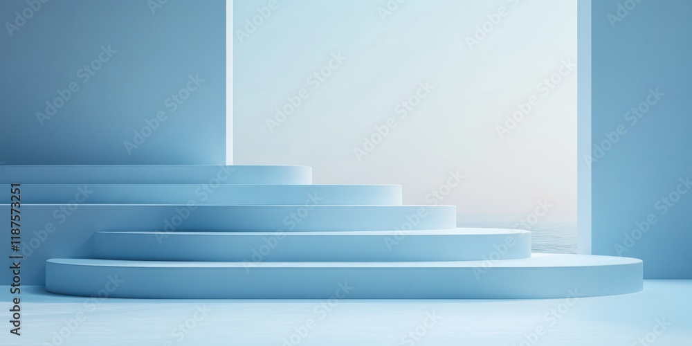 Poster minimalist podium for product display in soft blue hues with symmetrical platforms and gentle shadow