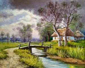 Landscape with trees and pond, bridg. Old village in Ukraine, oil paintings rural landscape