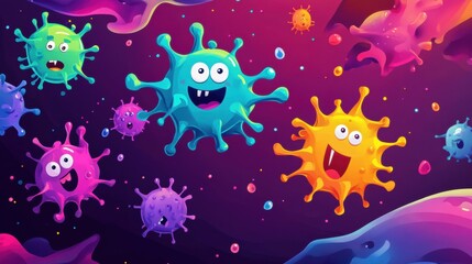 Playful cartoon viruses battle colorful antibodies in a vibrant, imaginative world of science. Generative AI