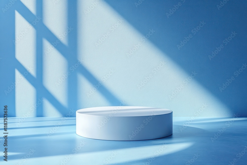 Poster minimalist studio scene with blue lighting circular pedestal and soft shadows for product display