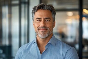 Obraz premium Confident Middle Aged Businessman Standing in Modern Office Portrait with Natural Lighting