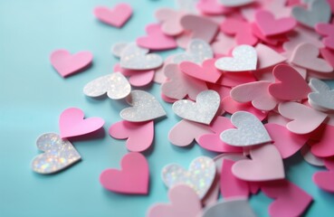 Fototapeta premium Shiny heart-shaped confetti in pink white, silver colors on light blue background. Perfect for Valentine Day romantic celebration. Festive, cute design. Ideal for cards banners, party decorations.