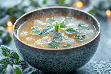 Chilled Winter Comfort: A Frosty Bowl of Soup with Icy Garnish, Perfect for the Season