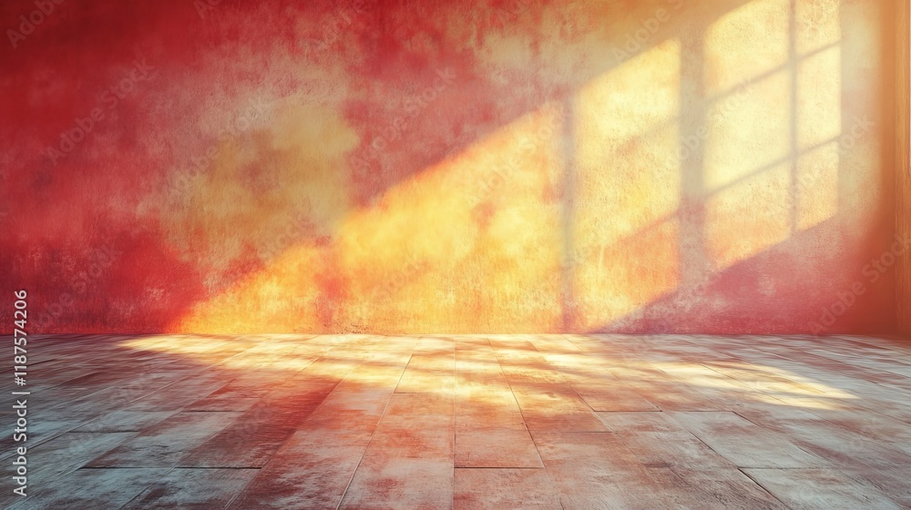 Poster sunlit abstract wall with textured floor and window shadow creating a warm and inviting atmosphere