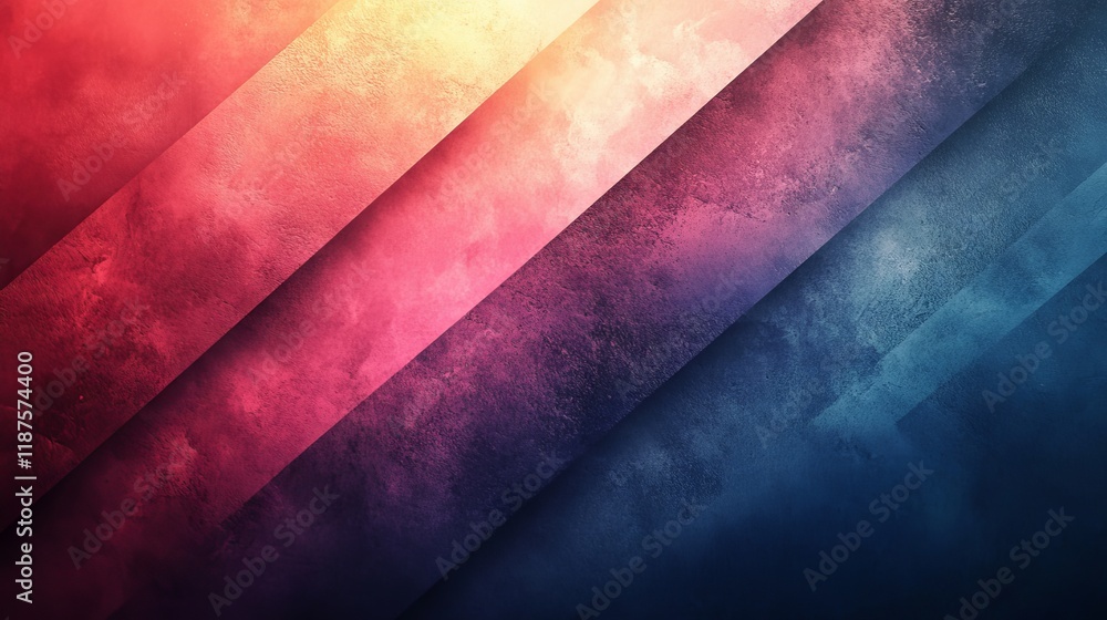 Poster abstract diagonal layers of textured color shifting from warm reds to cool blues creating a dynamic 