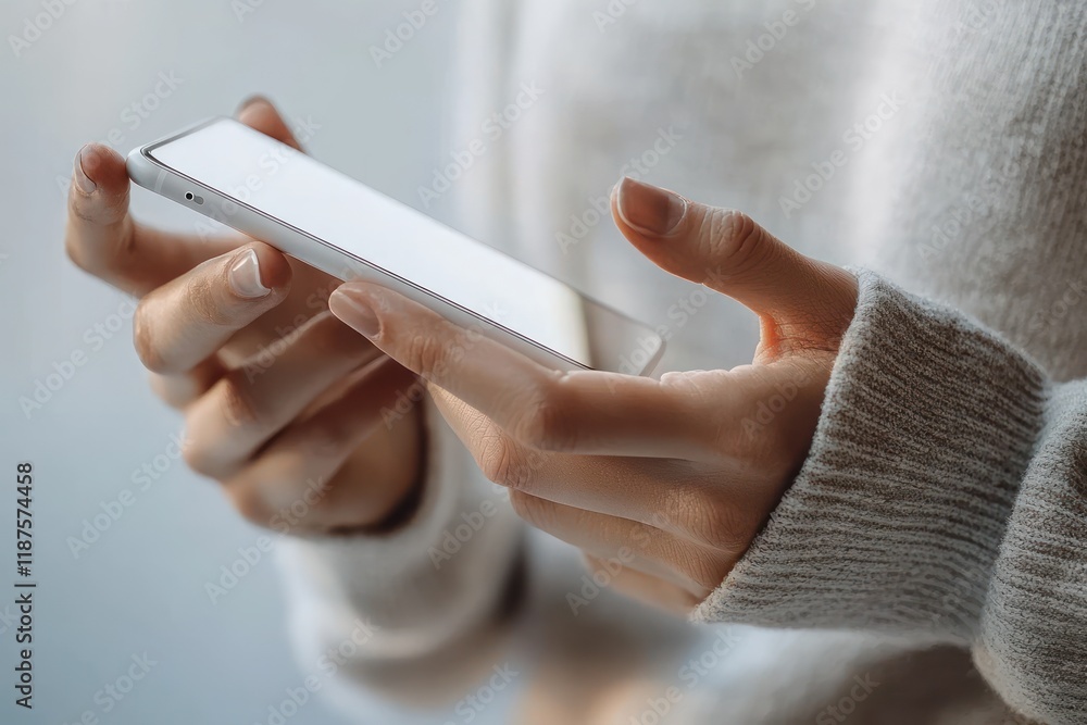 Poster closeup of hands using smartphone minimalist design with natural lighting and soft background