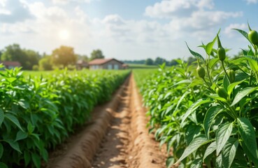 Naklejka premium Pepper plants grow in rows on sunny farm day. Green vegetation fills field. Cultivation in progress. Eco friendly farm. Organic vegetables. Path runs between rows. Buildings visible in background.