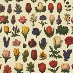 Colorful. Millefleurs. Vintage modern botanical illustration. Seamless pattern