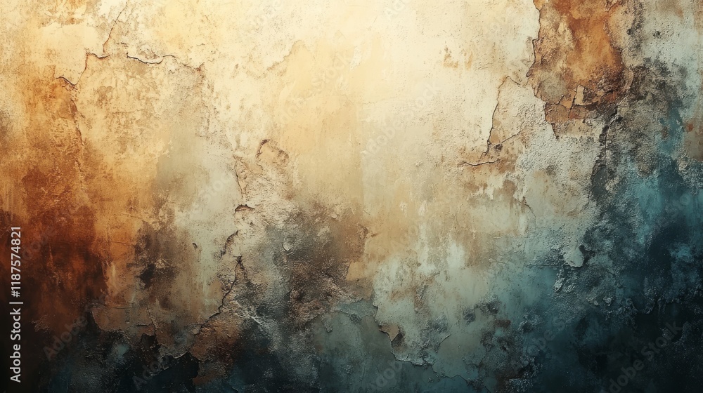 Poster eroded wall texture with earthy tones and patches of turquoise hints, showing decayed layers and wea