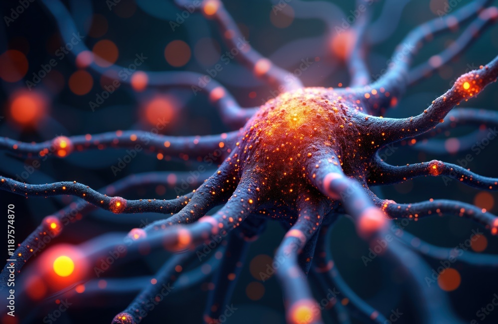 Poster Complex neural network illustration. Generative AI system visualized as interconnected neurons. Illustrates innovative tech connections. Networked system, brain graphic. Digital concept, science