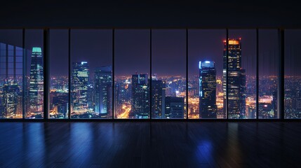 Night cityscape view from large window in modern building.