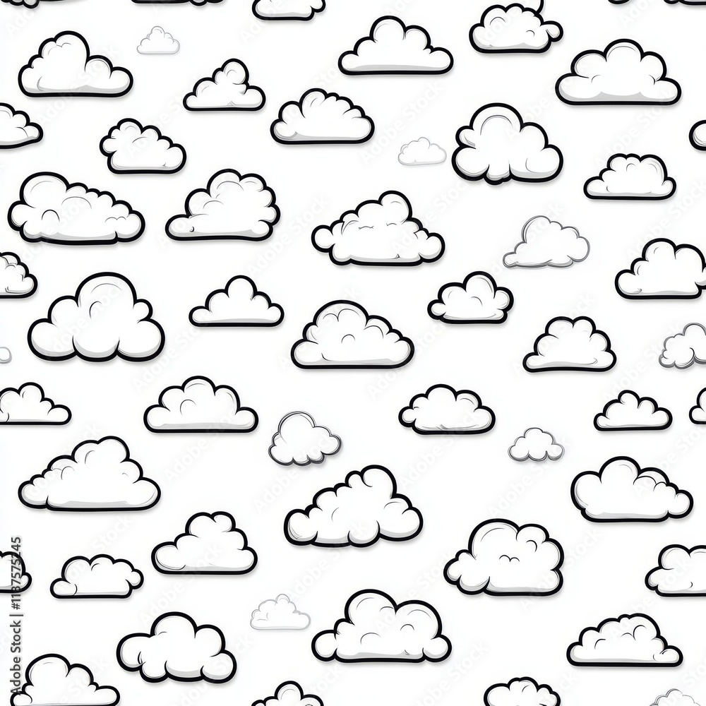 Poster a seamless black and white modern pattern with clouds and a linear doodle design