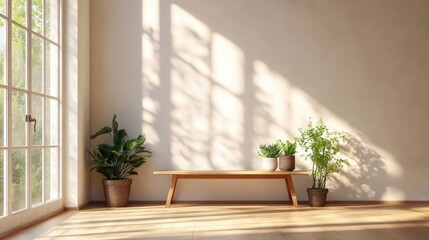 Fototapeta premium Indoor Tropical House Plants for Easy Care and Air Purification in Minimalist Scandinavian Design Room with Sunlight and Shadows