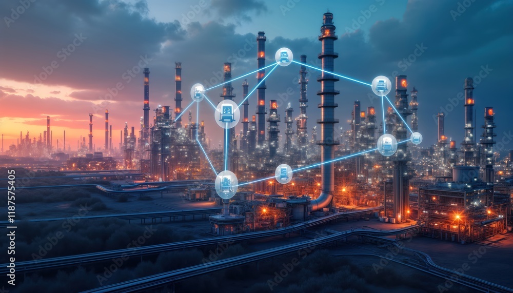 Aufkleber Futuristic oil, gas plant at twilight. Modern tech connects production units. System shows data visualization. Industrial complex operation. Efficient energy generation. Advanced tech used in plant.