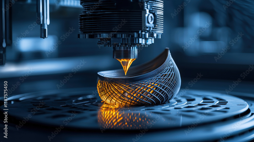 Poster 3D printer creating custom object with intricate design and glowing details. advanced technology showcases precision and innovation in manufacturing