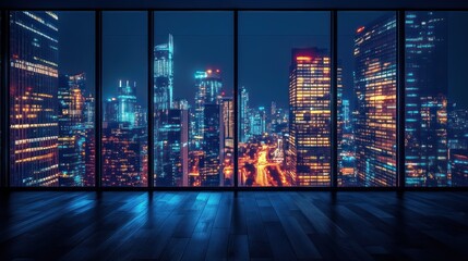 Night cityscape view from large window in modern building. (1)