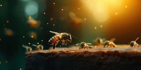 Fototapeta premium A stunning close-up of bees actively pollinating flowers, showcasing their crucial role in the ecosystem during a warm sunrise with vibrant colors of nature.