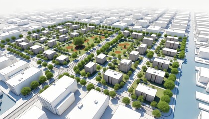 Obraz premium Urban planning blueprint shows residential commercial, industrial zones. Transportation routes, green spaces included in layout. City design for sustainable development, renewal. Tech drawing