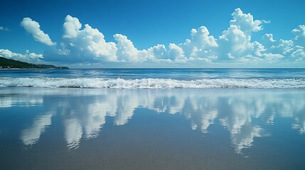 Ocean waves gently lapping on sandy beach under a vibrant blue sky with fluffy clouds reflecting on the wet sand.