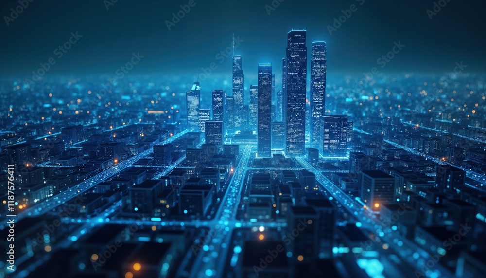 Poster futuristic smart city at night. connected buildings glow with tech. visible infrastructure lines con
