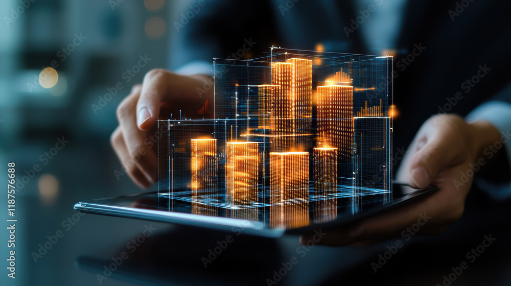 Aufkleber person interacting with digital tablet displaying 3D financial graphs and data visualizations. scene conveys sense of innovation and technology in business