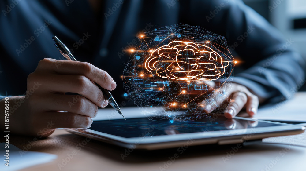 Aufkleber person using tablet to interact with digital brain interface, showcasing technology and innovation. 