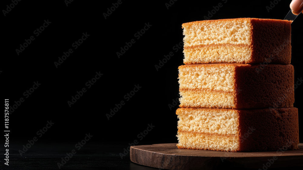 Poster close up of sponge cake being cut into slices, showcasing its soft texture and layers. warm tones contrast beautifully against dark background, creating inviting atmosphere