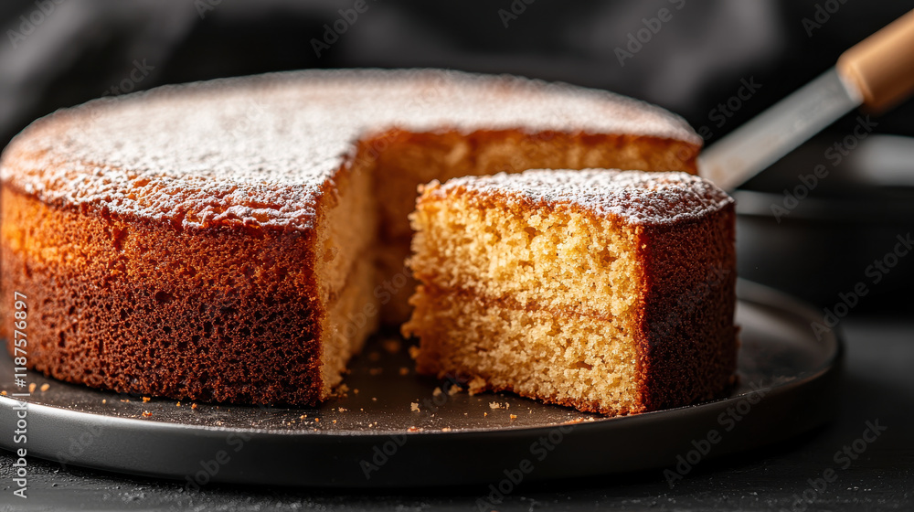 Aufkleber close up of freshly baked sponge cake with slice removed, showcasing its soft texture and golden color. cake is dusted with powdered sugar, adding touch of sweetness
