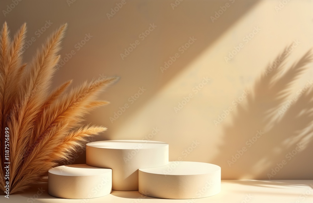Poster cream beige podiums for cosmetic display. natural dry pampas grass on beige background with soft sun