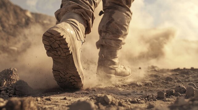 A close-up of a miner's boots walking through dusty terrain in a vast open-pit mine.