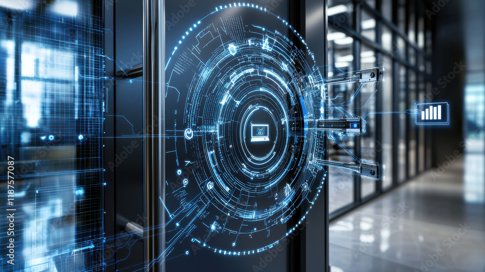 Poster close up of IoT sensors in smart building, showcasing advanced technology and connectivity. image highlights integration of digital systems for enhanced efficiency and monitoring