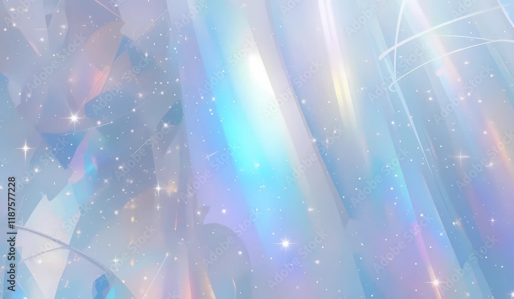Poster abstract background with iridescent, holographic texture and sparkling particles.