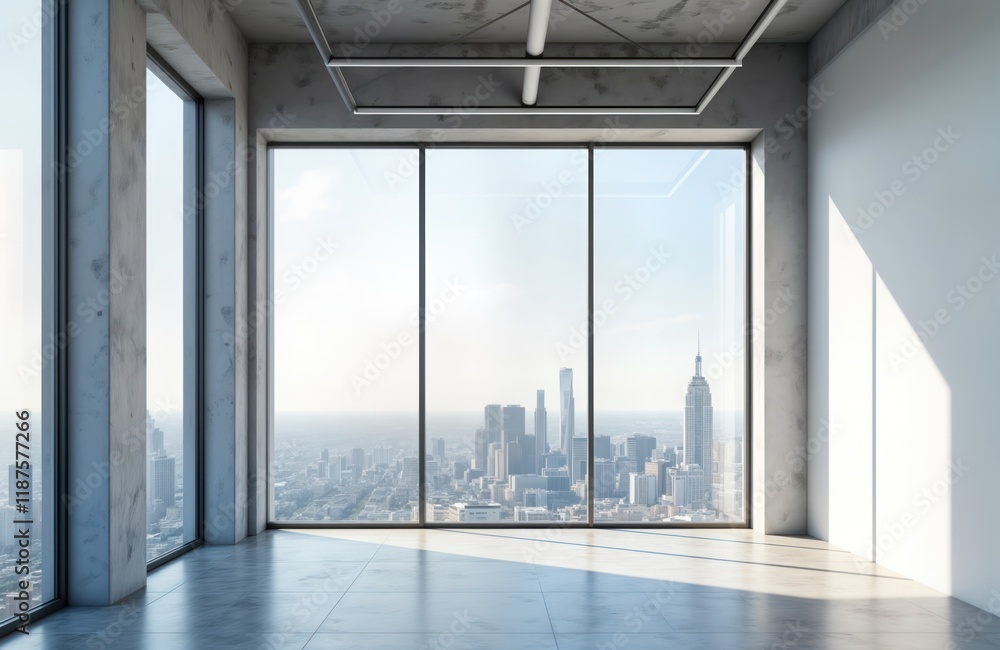 Poster Empty modern gallery interior panoramic city view through large windows. Concrete walls, tiled floor create minimalist design. Sunlight streams in casting shadows. Blank space suggests potential for