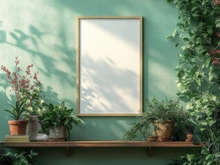 Scandinavian Style Living Room with Green Wall and Mockup Art Frame Featuring Plants in Design Pots