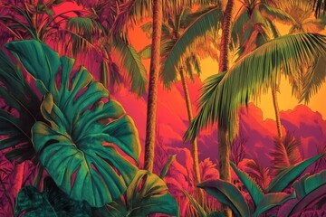 An abstract tropical foliage pattern with vivid and strong colors