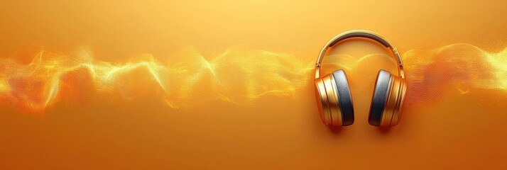 Golden Headphones Sound Waves Minimalist Design Trendy Music Podcast Banner
