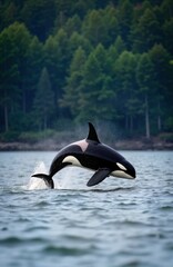 Obraz premium Orca whale leaps high above water surface near Cowichan Bay. Majestic marine animal jumps out of water. Green forest lines water edge. Wildlife photography captures powerful marine mammal. Nature