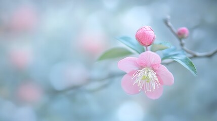 Fototapeta premium Delicate Pink Flower Blossom with Bud and Soft Background