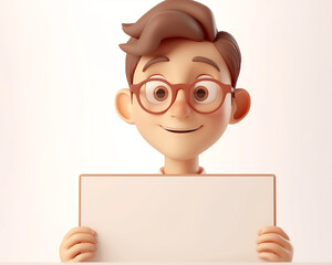 Smiling 3D Illustration of a Young Man Holding Blank Sign for Custom Text or Message in Marketing Materials