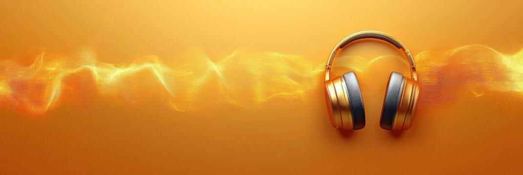 Golden Headphones Sound Waves Minimalist Design Trendy Music Podcast Banner