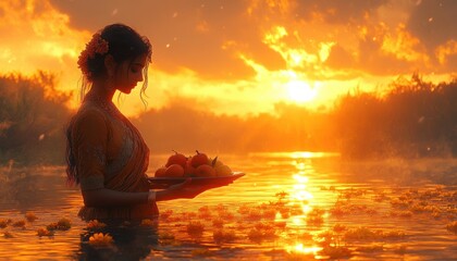 Sunset Scene of Woman in Traditional Attire Holding Fruits Celebrating Chhath Puja with Warm Lighting and Water Reflections