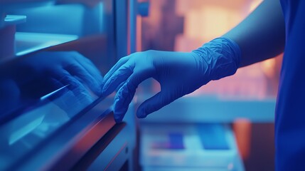 Gloved hand opening a refrigerator door under neon light.