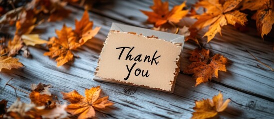 Naklejka premium Autumn Thank You Note Wooden Background