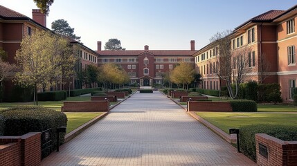 Empty college campus courtyard with dormitory buildings