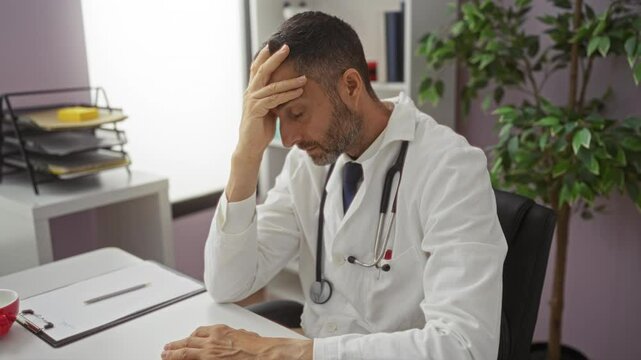 Man in clinic stressed at workplace with stethoscope and files looks down, reflecting a challenging situation indoors during work.