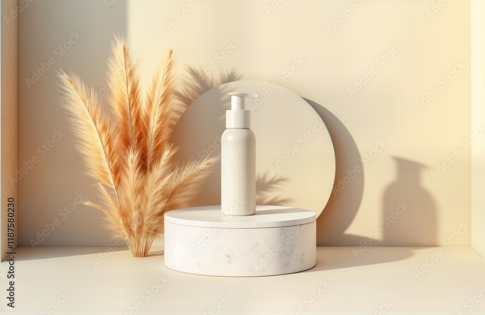 Poster minimalist cosmetic product presentation on round stone podium. empty white bottle with pump placed 