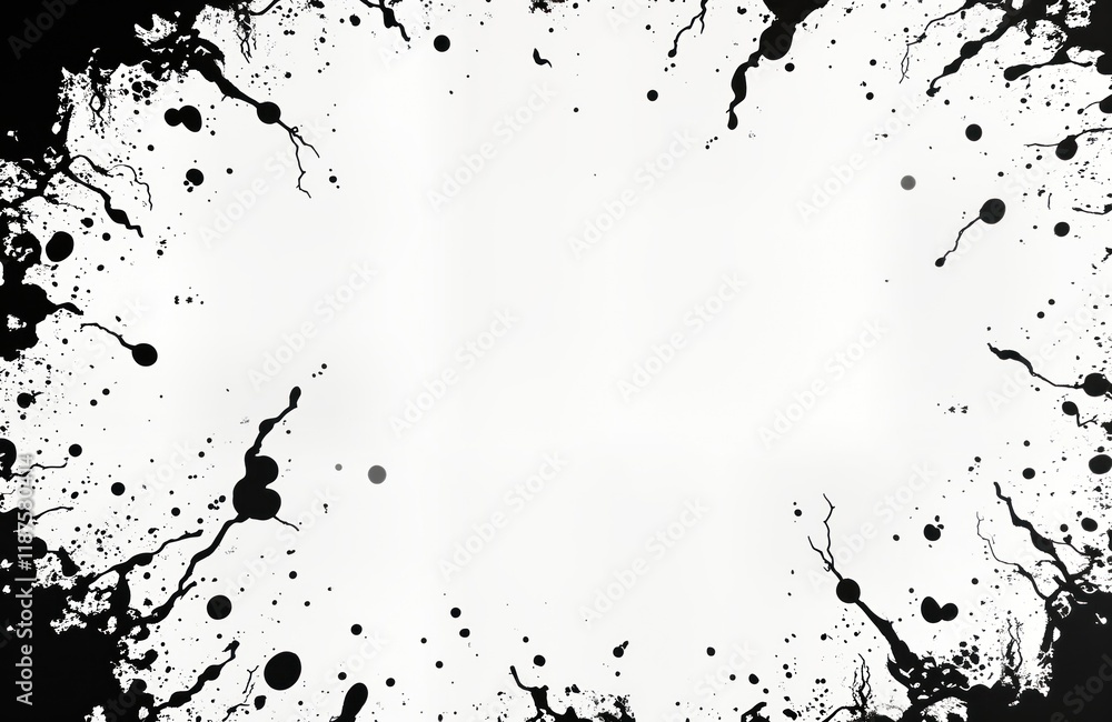 Poster abstract grunge background with black, white ink splatters, cracks. ink blots, drips create textured