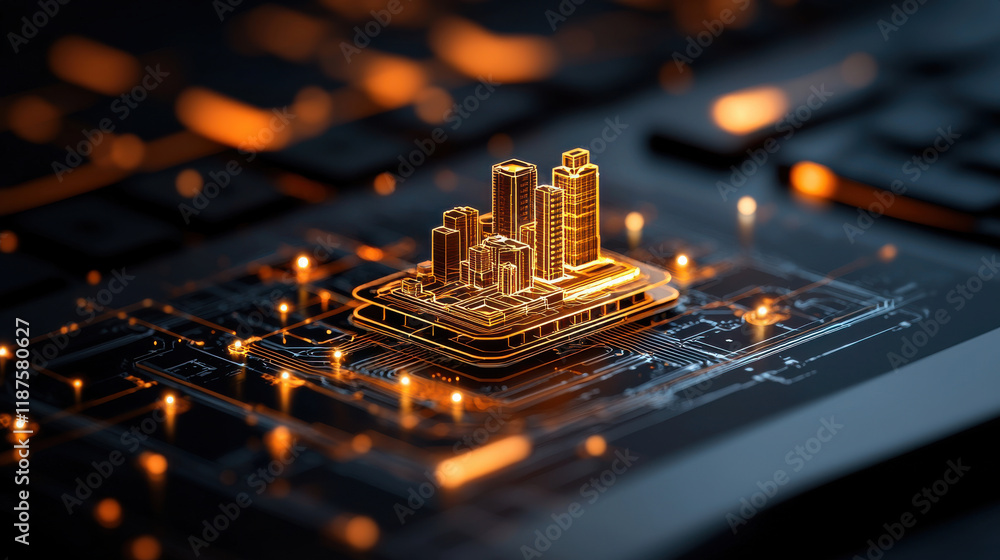 Fototapete digital model of building on circuit board, showcasing urban architecture and technology. glowing st